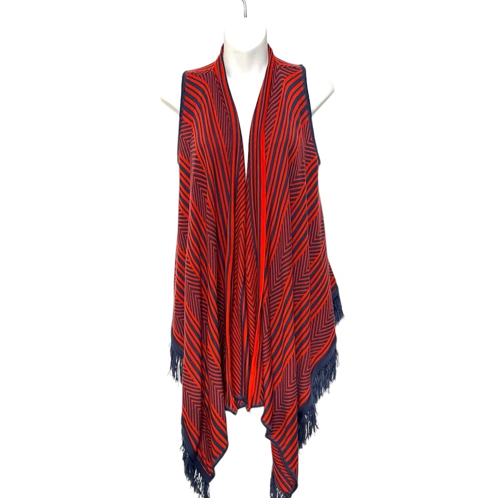 Lagenlook S Sleeveless Vest cardigan Duster orange blue stripe Geometric Pattern